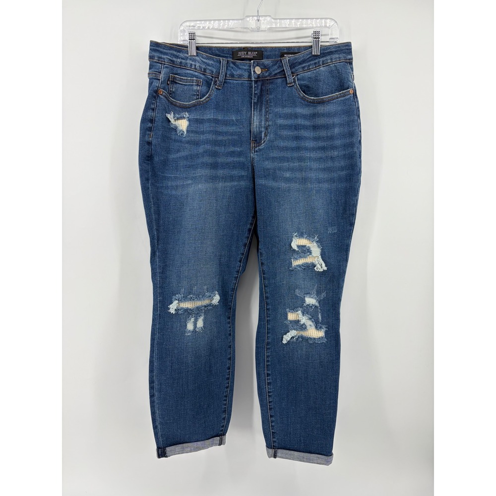 Judy Blue Womens 14W Blue Jeans Boyfriend Fit Distressed‎ Cuffed JB88306